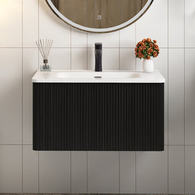 Meuble-lavabo flottant mural 30 po avec lavabo en céramique blanche