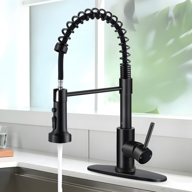 Wilmall Kitchen Faucet with Pull Down Sprayer & Deck Plate, Commercial Single-Handle Spring Sink Faucet for Laundry, RV, Wet Bar, Farmhouse