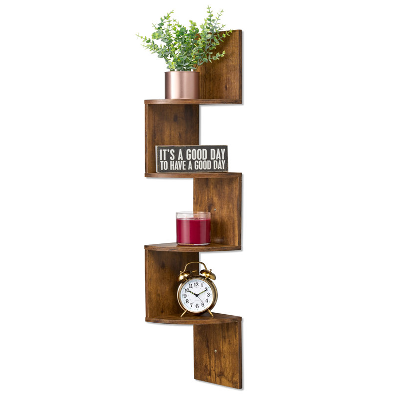 Sorbus 5-Tier Zig Zag Floating Corner Wall Bookshelf Unit - (40" Tall) for Living Room, Bedroom, Office, & More - Space-Saving Storage Solution, Brown
