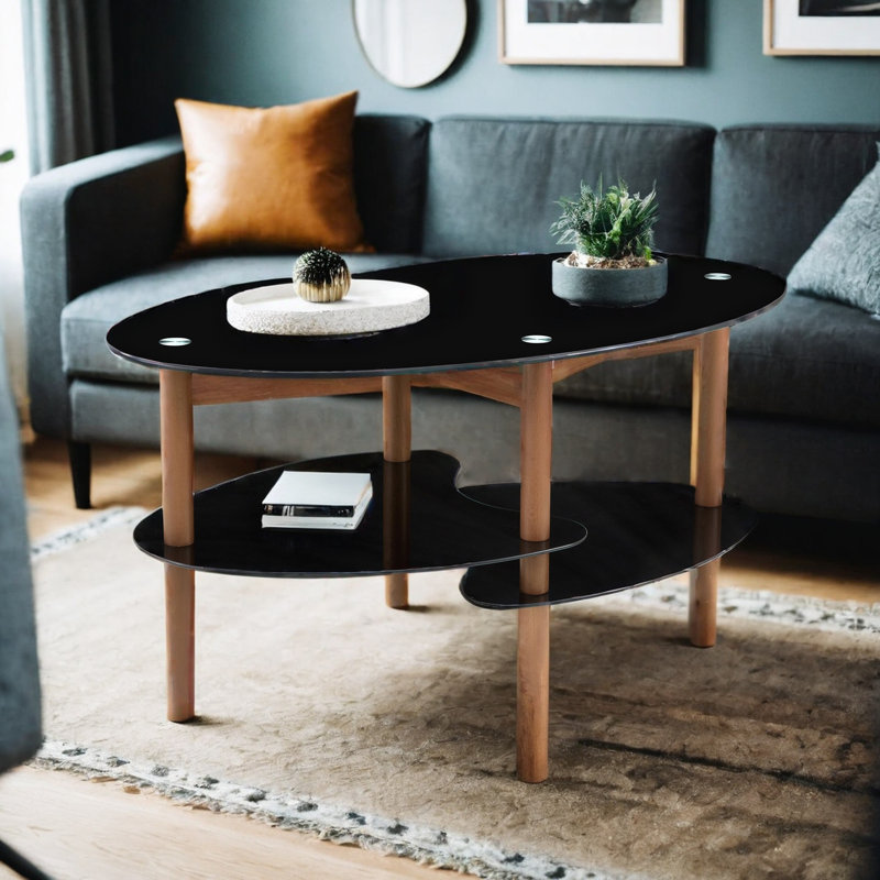 Mollen Oval Glass Top Coffee Table, Black Top/Brown Base