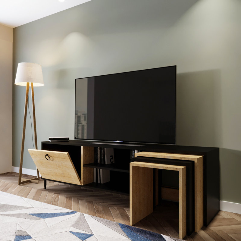 Meuble télé moderne avec capacité de fixation murale, noir et chêne, 70,9 po x 21,7 po x 15,7 po | 100% panneau de particules enduit de mélamine, épaisseur: 0,7 pouce | 3 tables gigognes et plusieurs tablettes pour des solutions de rangement élégantes