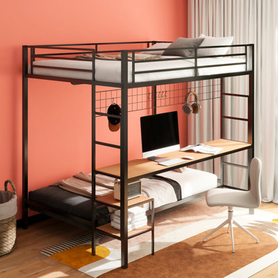 Lit superposé double en métal avec poste de travail double au-dessus de la station de travail double avec fini noir mat et surface d'aspect bois pour l'espace de chambre à coucher