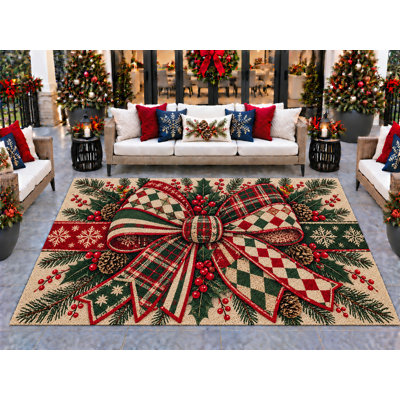 5’ x 7’ Outdoor Area Rug Giant Patchwork Christmas Bow Red Green Cream, Heavyweight Waterproof PVC Coil Loop Carpet, Quick Dry Indoor Outdoor Mat for Christmas Porch Deck Entryway Large Doormat