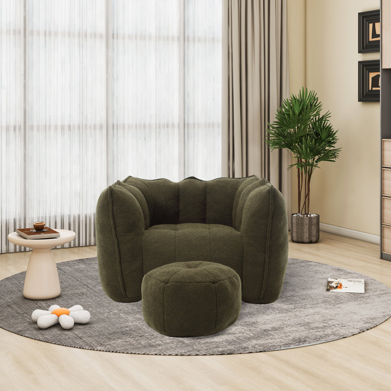 Fauteuil à billes avec repose-pieds en chenille, Chenille vert olive
