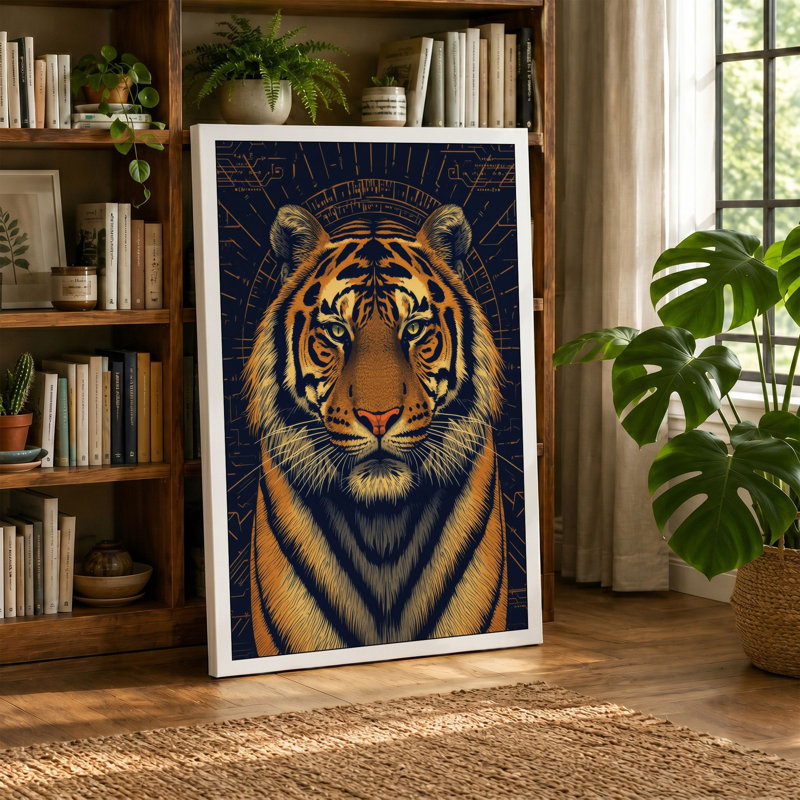 Tiger and Mandala Japandi - Wrapped Canvas, 24x16 - 61.0 x 40.6 cm, Black Border