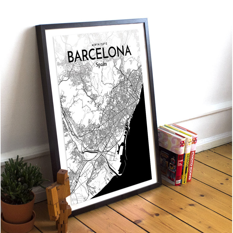 « barcelone city map », reproduction d’impression sur affiche à motif encre, H 17 po x l 11 po x P 0,05 po