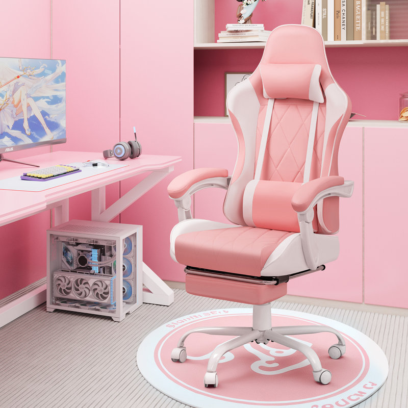 The Twillery Co.® Adjustable Reclining Ergonomic Faux Leather Swiveling PC & Racing Game Chair with Footrest, Pink