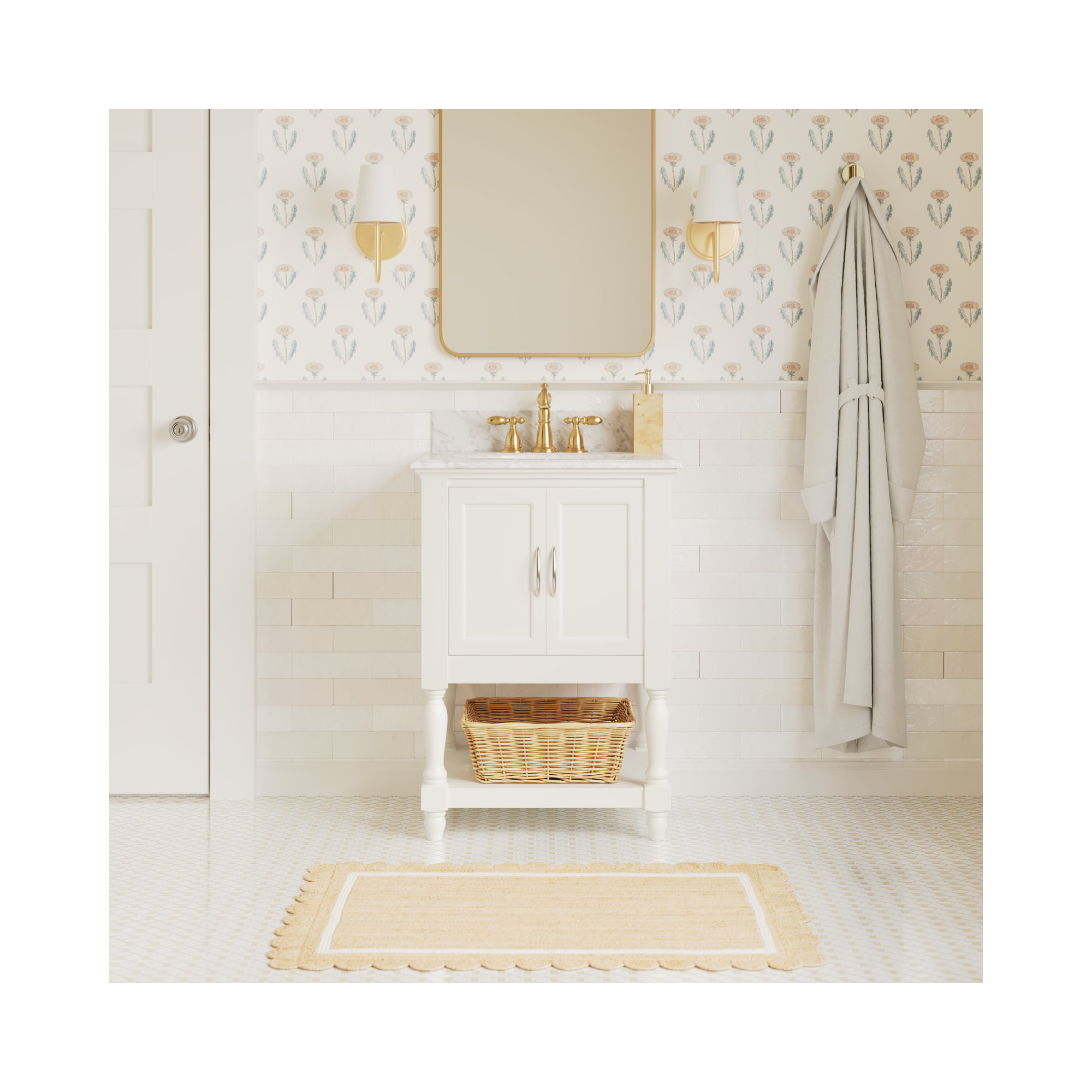 Hampton 24'' Single Bathroom Vanity, White, Carrara Marble