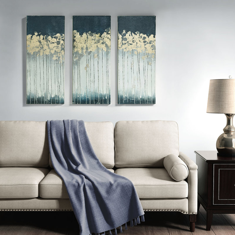 Abstrait art mural sur toile 3, faits saillants dorés, l 15 po x H 35 po, bleu sarcelle et bleu, Sarcelle