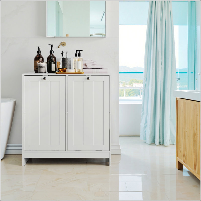 Tilted Laundry Hamper With Removable Baskets, Hidden Storage Cabinet, Free-Standing Home Organizer, White