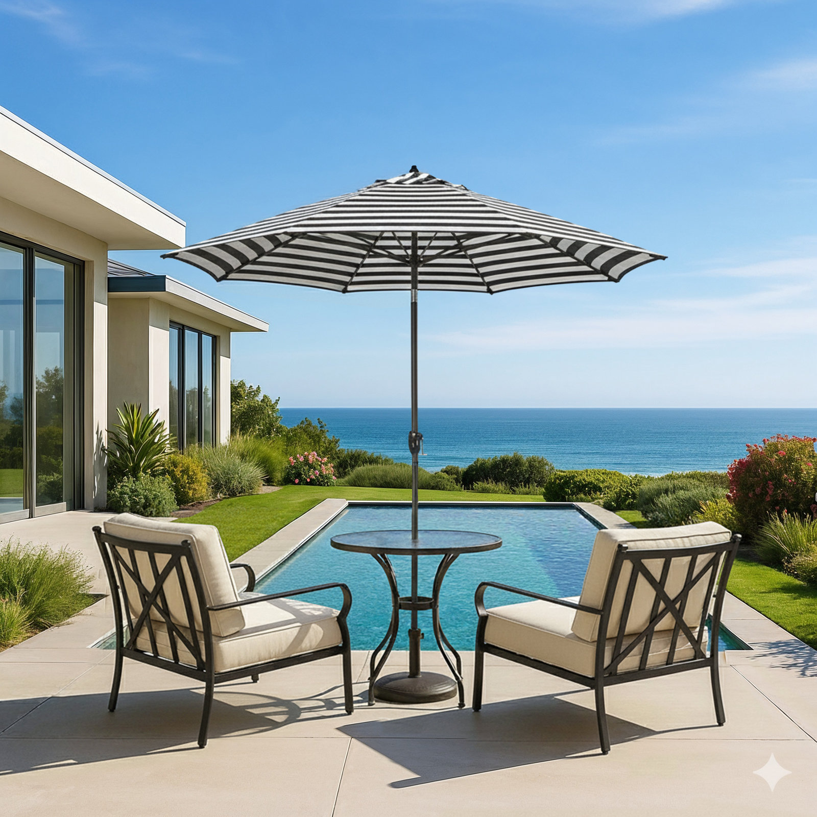 Gino 7.2' Sunbrella® Umbrella, Cabana Classic Black Stripe Sunbrella®