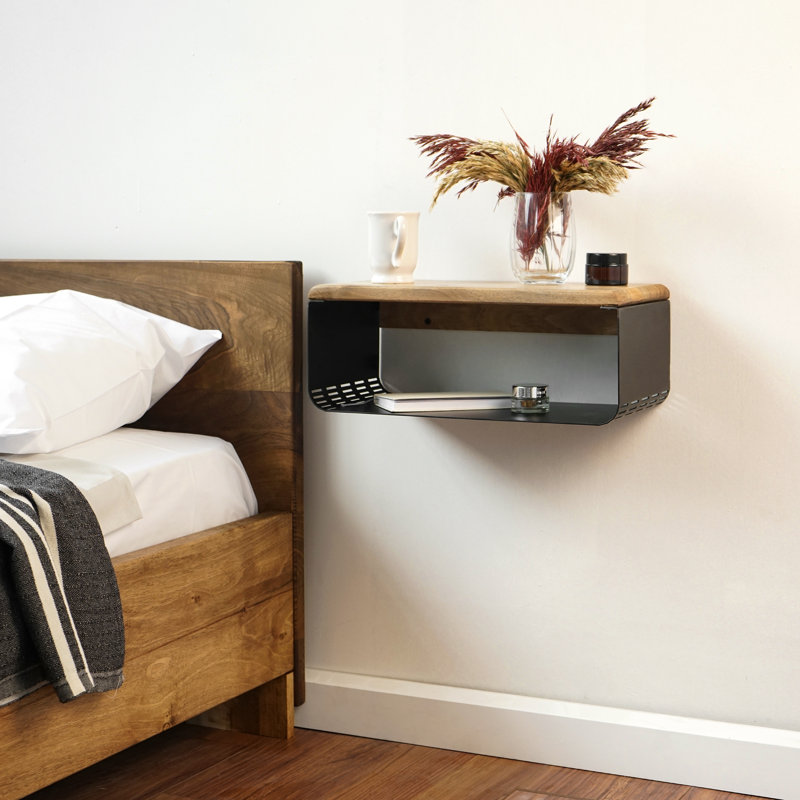 Kija Minimalistic Metal Floating Nightstand – Wall-Mounted Bedroom Side Table - Black, Black/Walnut
