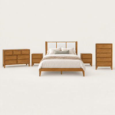 Tête de lit rembourrée en bois massif bouclé Knighten, ensemble de chambre à coucher 5 pièces