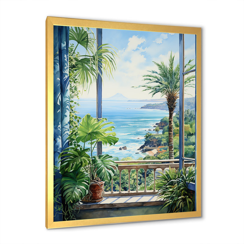 «Tropical Windows To The Beach II - Coastal Windows», art mural, Cadre doré simple, H 32 po x l 24 po x P 1 po