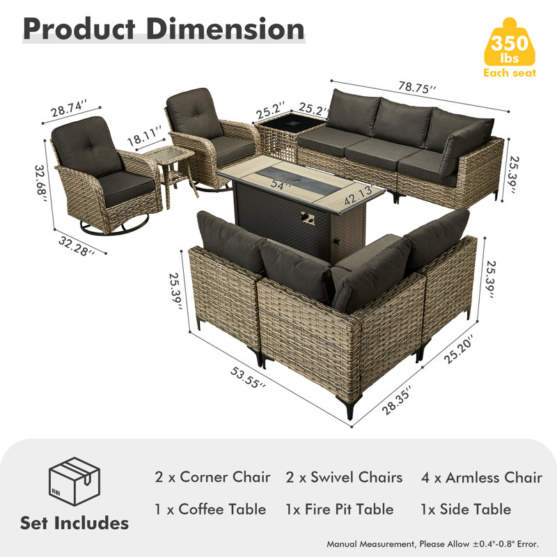 10 Piece Patio Furniture With Fire Pit Table, Outdoor Rattan Wicker Conversation Set With Glowing Coffee Table, Comfy Sectional Sofa Set With Swivel Rocking Chairs For Porch Balcony Backyard Pool
