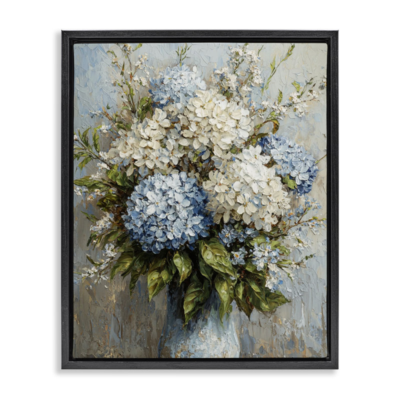 Cadre flottant discret d'hortensias classique, design par Franklyn Gregory, Cadre flottant noir de jais, H 21 po x l 17 po