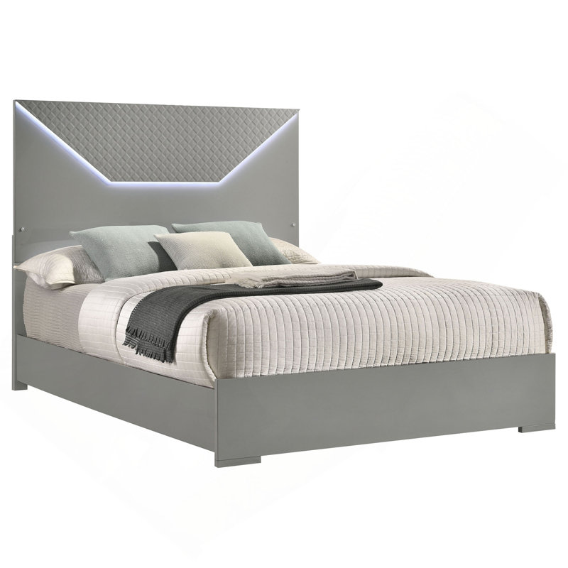 Grey High Gloss Panel Bed LED Headboard