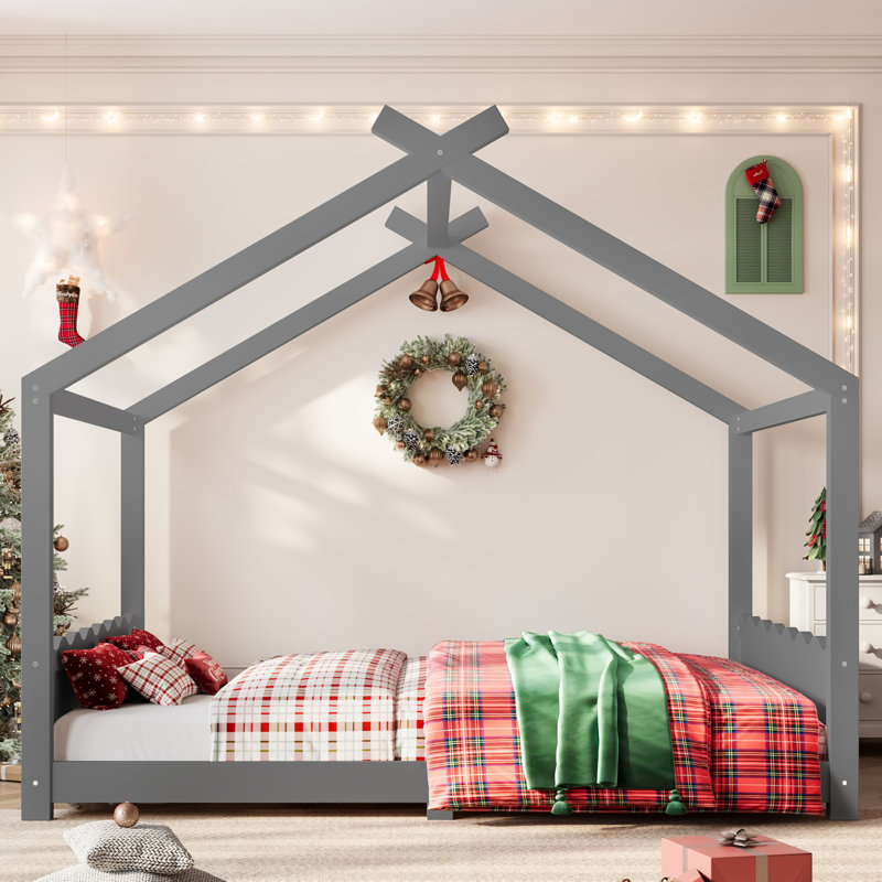 Lit pour grand lit d'enfant, structure en bois massif avec lattes, conception sécuritaire Montessori, aucun sommier tapissier requis, gris