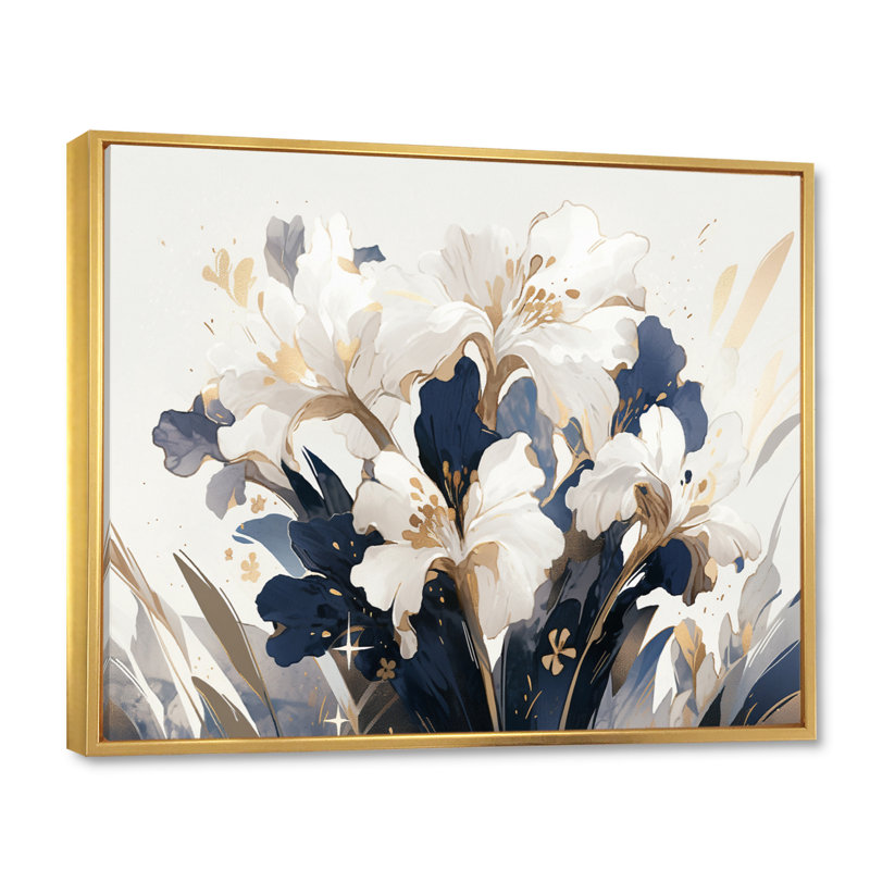 Or doré, impressions d'iris blanc, H 34 po x l 44 po x P 1,5 po, Cadre flottant doré