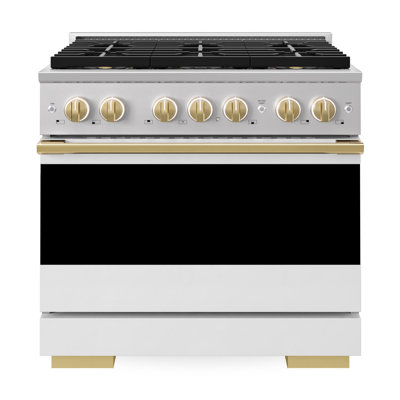 ZLINE Autograph 36 in. Marino Gas Range with 6 DuoPro Burners w/ White Door & Gold Accents