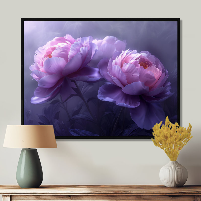 Mauve et gris pivoines de luxe I - pivoines, impression d'art mural, Cadre noir, H 16 po x l 32 po