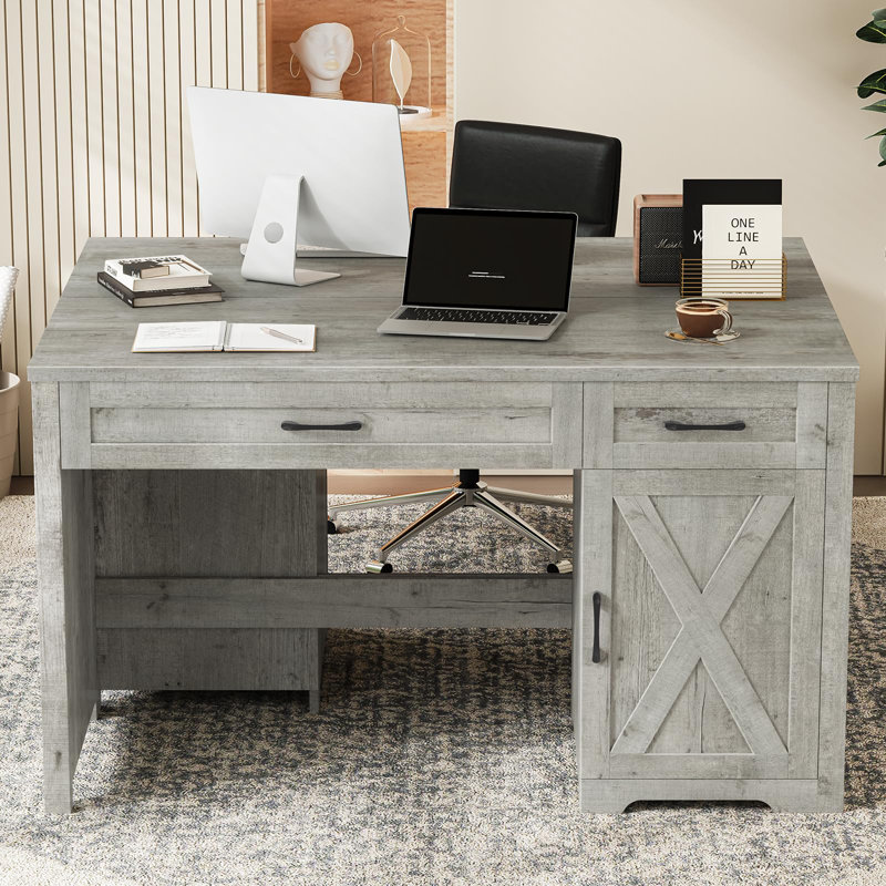 Bureau d'ordinateur avec tiroirs Farmhouse, Gris