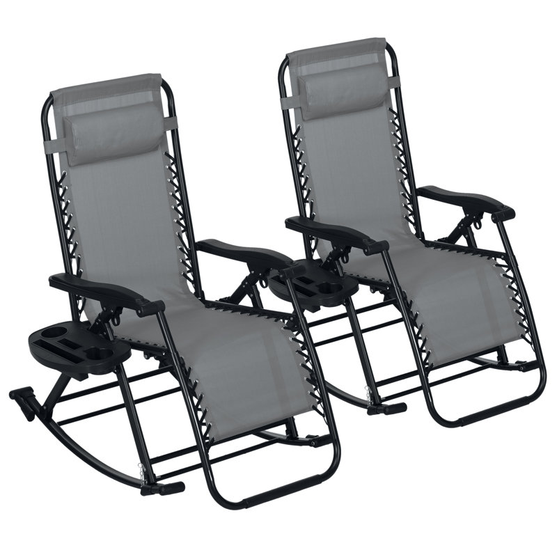 2 chaises berçantes d'extérieur pliables inclinables Zero Gravity Lounge avec taie d'oreiller et support pour téléphone, gris