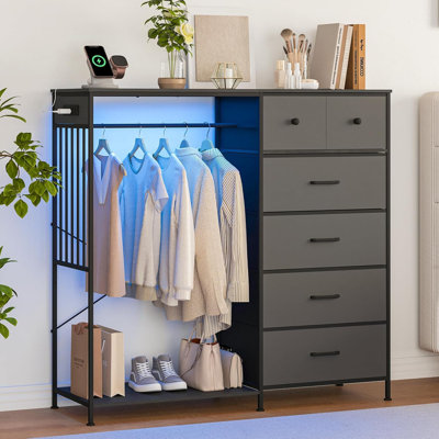 Dresser with Hanging Rack and 6 Fabric Drawers, Closet Storage Chest with Clothes Rack, Wooden Top
