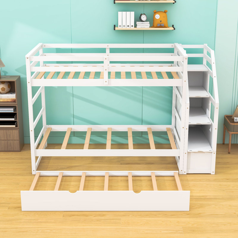 Twin Over Twin Wood Bunk Bed With Twin Trundle, Storage Staircase And Guardrails, White