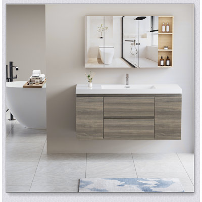 Meuble-lavabo flottant avec lavabo, meuble-lavabo mural moderne avec lavabo en résine et tiroirs à fermeture en douceur, 24V11-48NO