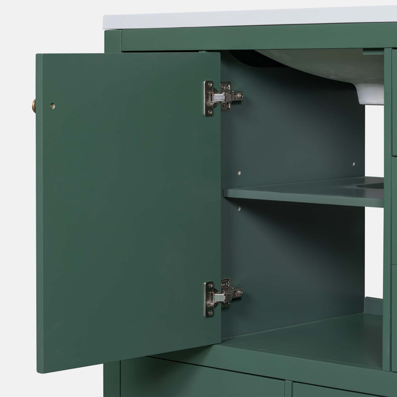 Green Solid Wood and MDF Freestanding Bathroom Vanity Base with Six Drawers