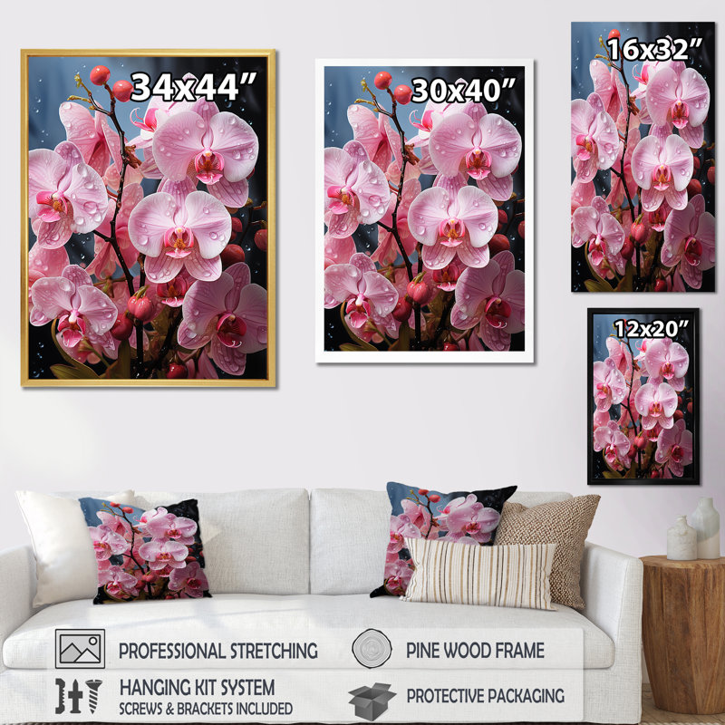 Orchidées roses, orchidées roses, fusion néon II sur toile, Cadre flottant blanc, H 44 po x l 34 po x P 1,5 po