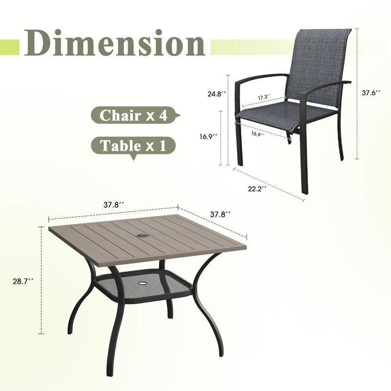 4-Person Square Patio Dining Set With Stackable Textilene Chairs, Brush Wood Gray/Black