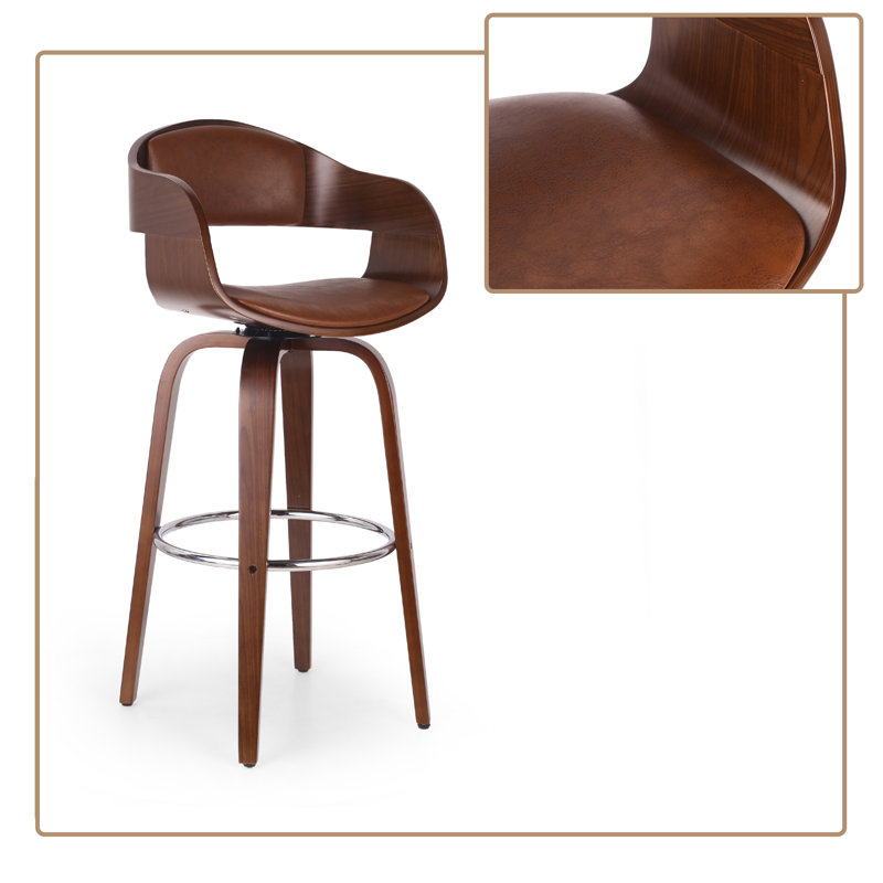 Tabouret de bar Mid-Century moderne avec dossier courbé en bois et siège rembourré, ensemble de 1