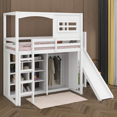 Lit mezzanine simple, lit mezzanine en bois avec garde-robe, tablettes de rangement, lit en bois avec glissoire et DEL