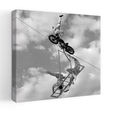 1950S 1960S High-Wire Act With Man Standing On His Head On Motorcycle With Man And Woman On Balanced Ladder Suspended Below Abstract Contemporary L...