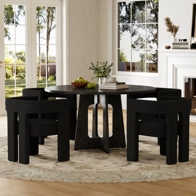 Ensemble de salle à manger 5 pièces rond en panneau de fibres à densité moyenne, table Mid-Century moderne 47 po et chaises rembourrées en tissu Teddy