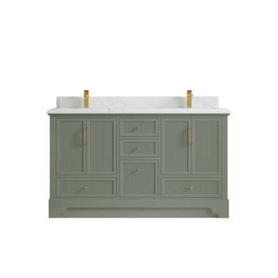 Meuble-lavabo double autoportant 60 po avec plateau en quartz Alys (option boutons)