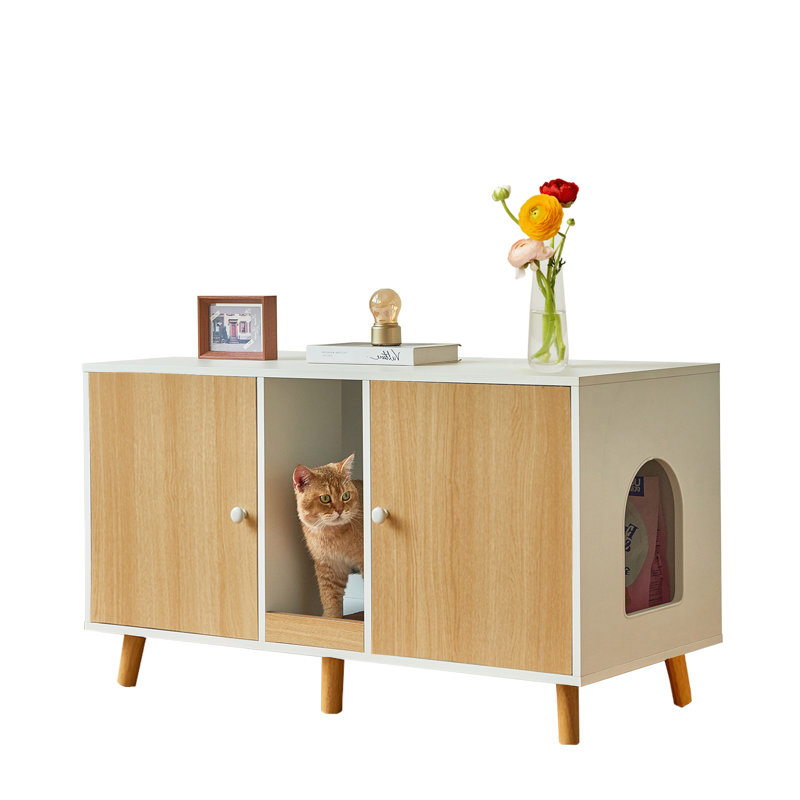 Enceinte de litière double en bois manufacturé avec coussin à griffer Corvese, Naturel / Blanc