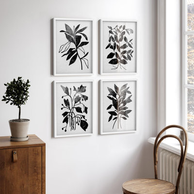 " Black And White Botanical Silhouette Illustrations Relax Minimalist Nature Wall Decoration " 4 - Pieces