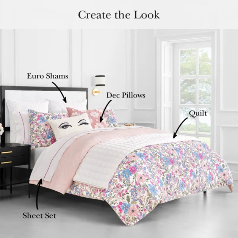 kate spade new york Fall Poppies Twin Comforter Set, 100% Cotton, All Season 2 Piece Reversible Bedding Set, White and Garnet