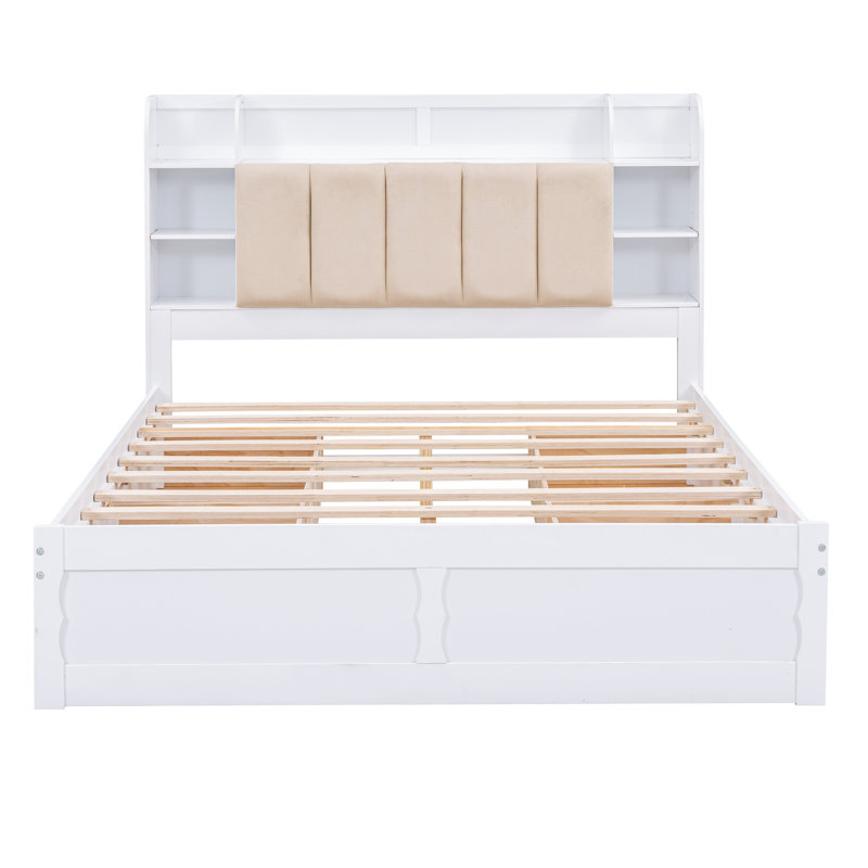 Lit plateforme en bois avec tête de lit, tablettes et 4 tiroirs
