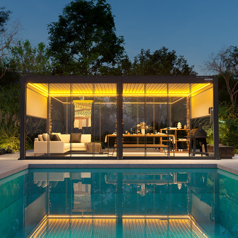 Flexpatio 20 Ft. W X 13 Ft. D Power+ Motorized Outdoor Louvered Pergola W/ 2-Side Shades & 2-Side Sliding Glass Doors