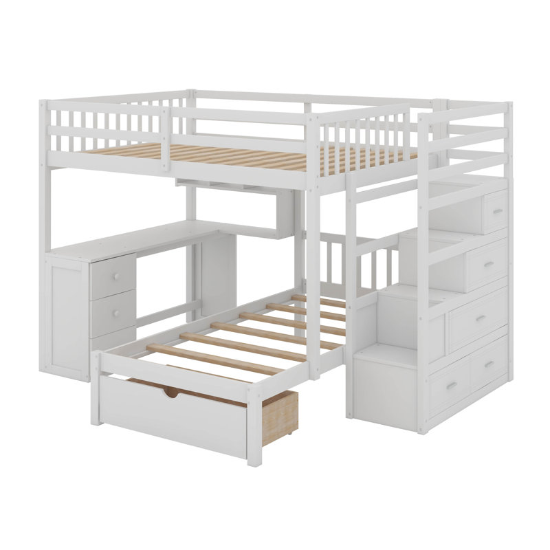 Lit superposé double au-dessus de simple avec bureau, tiroirs et tablettes, Blanc