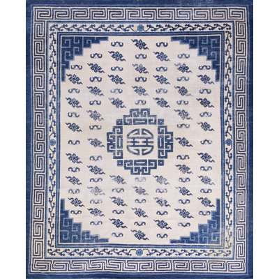 Tapis antique de couleur mongole blanc et bleu