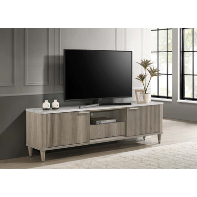 Meuble télé avec portes coulissantes et étagères ouvertes de luxe moderne avec dessus en marbre flottant