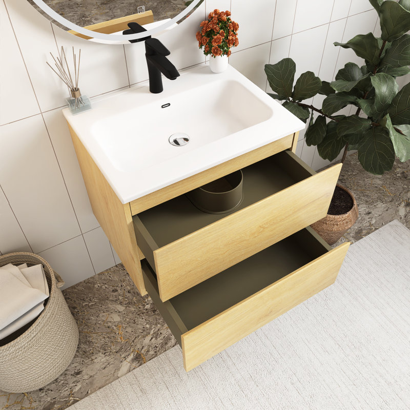 Meuble-lavabo mural 24 po avec lavabo en céramique et un trou de robinet, Chêne naturel