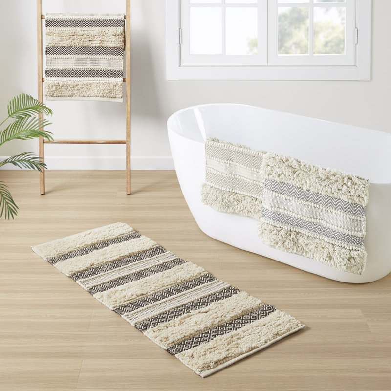 Asher Cotton Blend Bath Rug with Non-Slip Backing, 20"W x 32"L, Natural/Gray