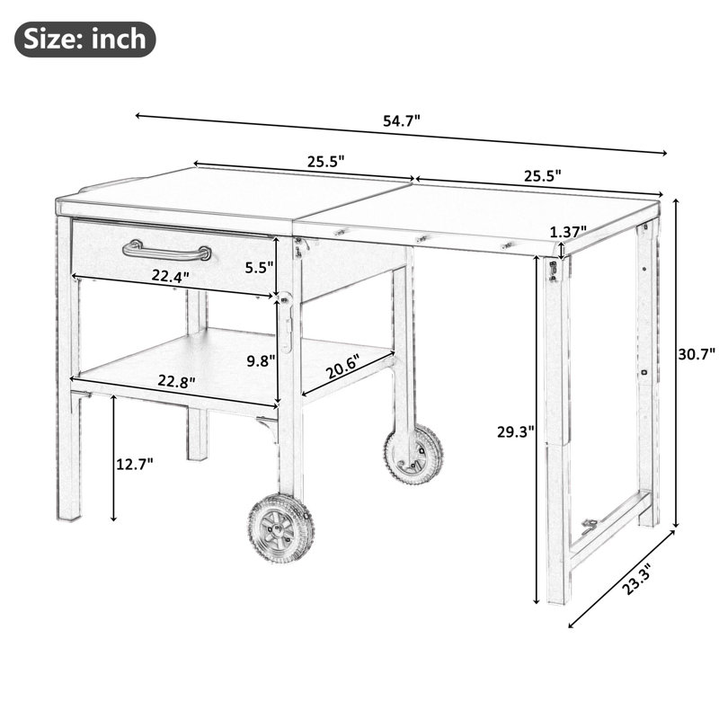 54.7'' Foldable Outdoor Kitchen Cart Bar Cart With Stainless Steel Top, Black/Silver