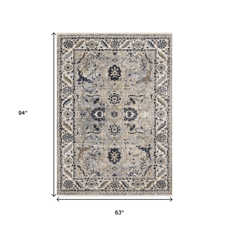 Tapis gris et noir à motif de médaillon 5 pi x 8 pi beige